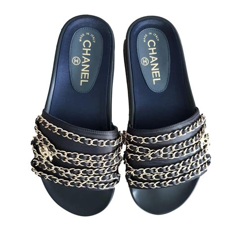 chanel flat chain slip on sandals|Chanel clear slide sandals.